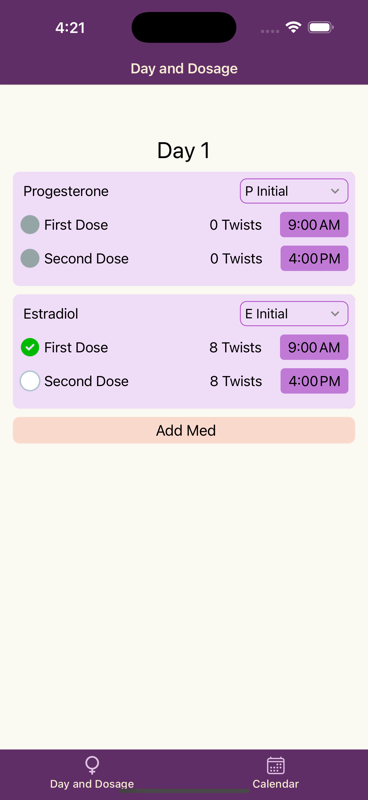 Hormone Minder App Home Screen